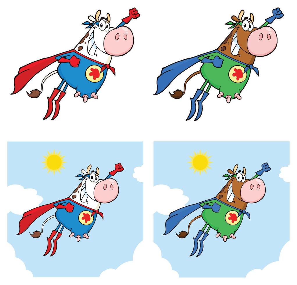 Super Hero Cow Cartoon Mascot Character. Collection Set vector