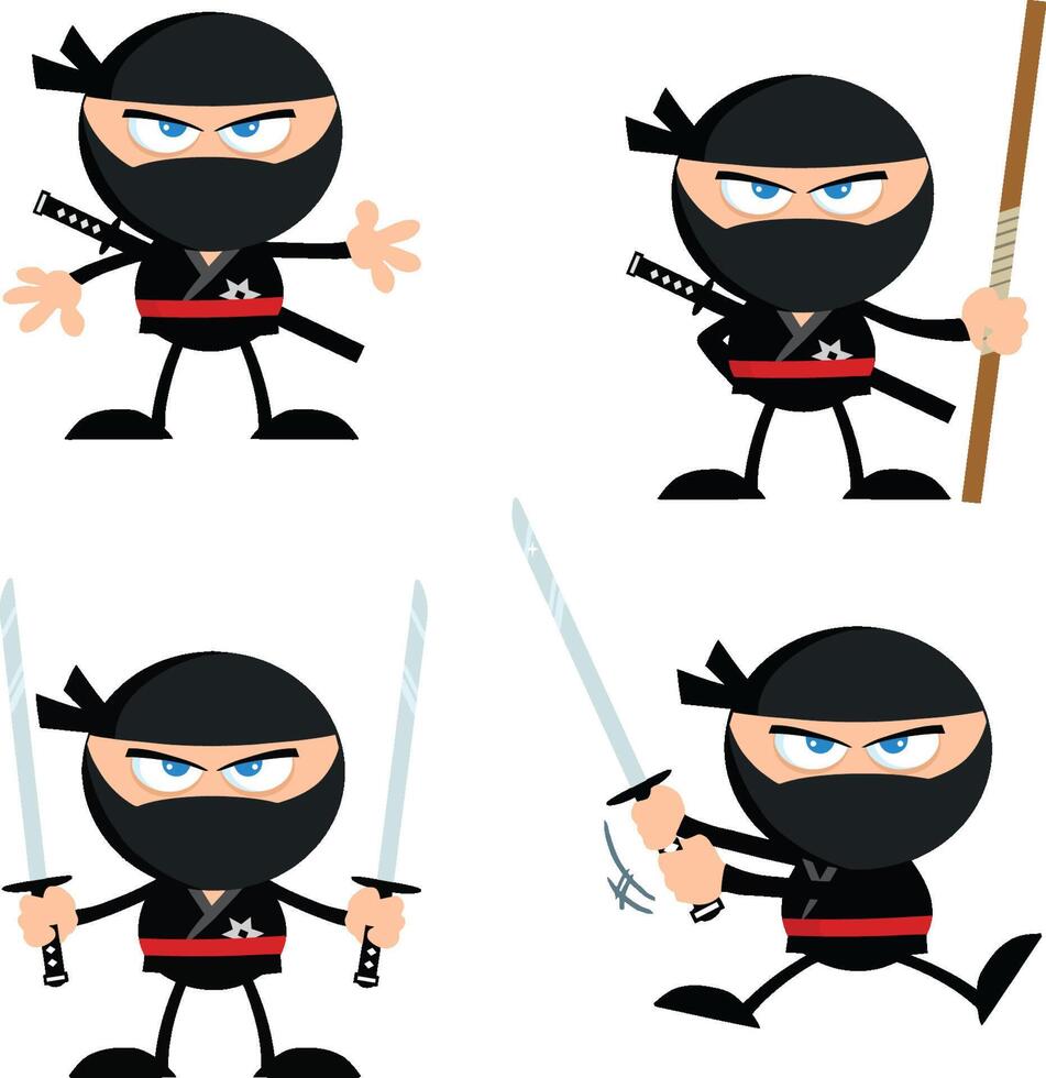 Ninja Warrior Cartoon Character With Weapons Flat Design. Collection Isolated On White Background vector