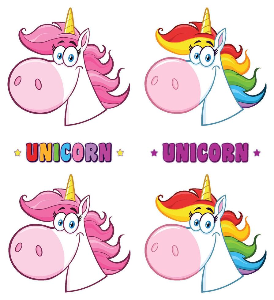 Magic Unicorn Head Cartoon Mascot Character Set. Collection Isolated On White Background vector
