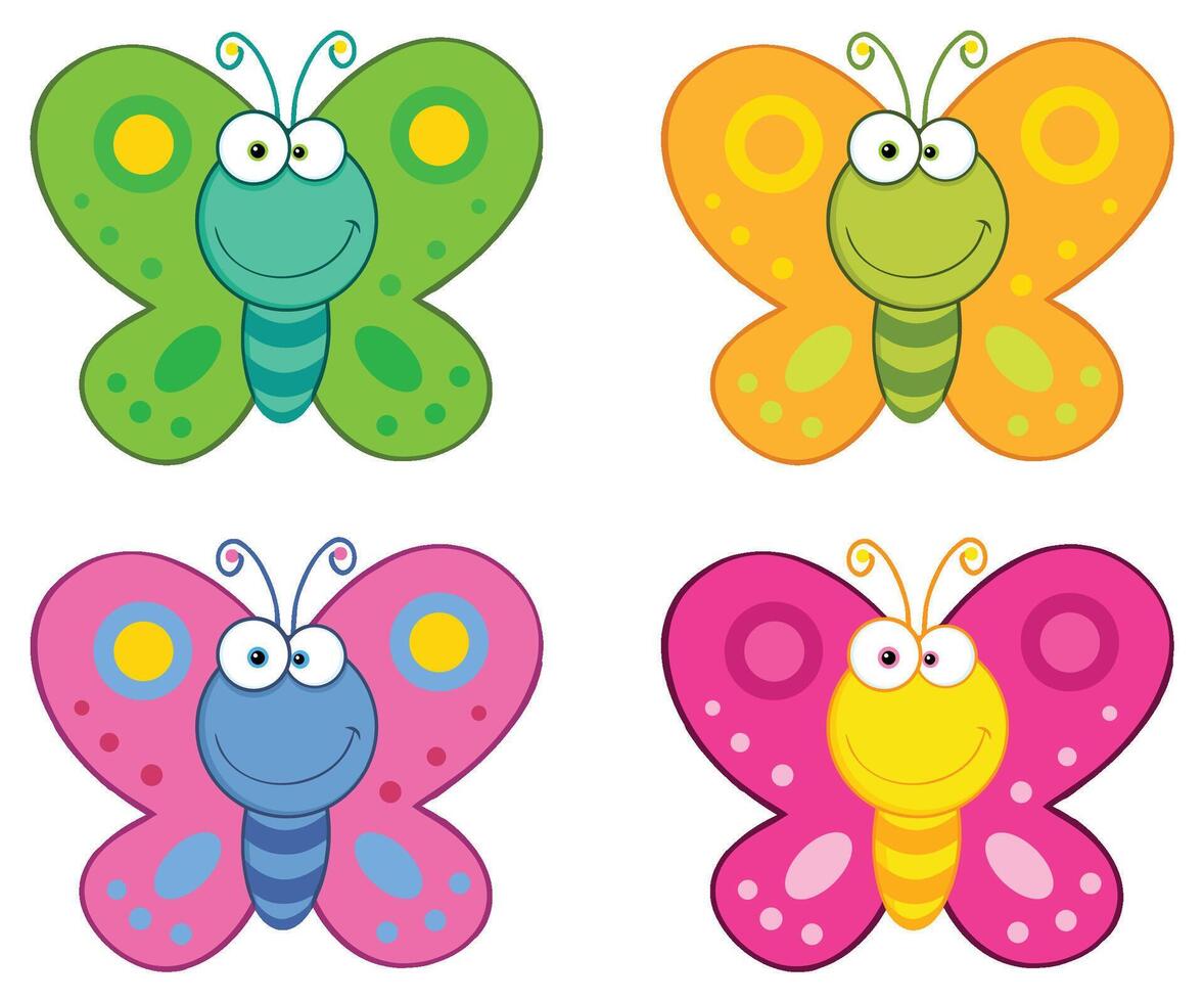Butterfly Cartoon Mascot Character. Collection Set Isolated On White Background vector