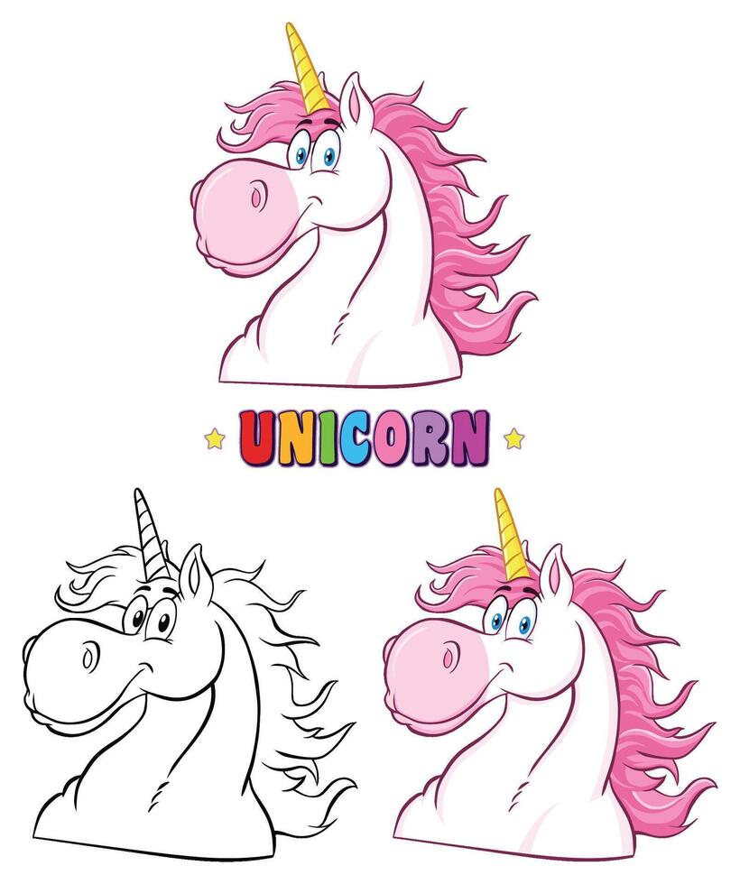 Magic Unicorn Head Classic Cartoon Character. Collection Set vector