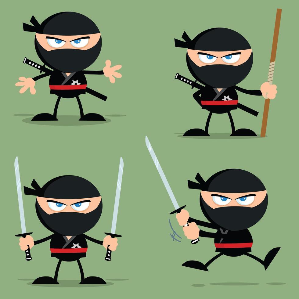 Ninja Warrior Cartoon Character With Weapons Flat Design. Collection With Green Background vector