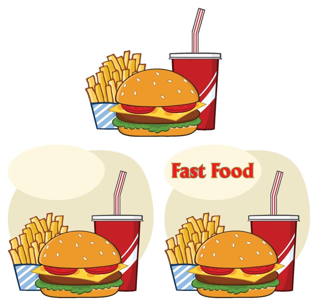 Fast Food Hamburger Drink And French Fries Cartoon Drawing Simple Design. Collection Set vector