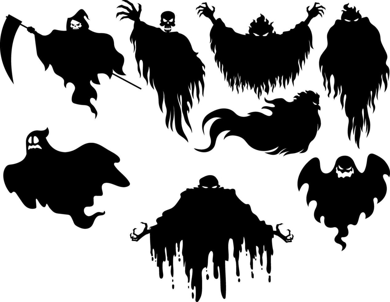 Spooky Halloween Ghost Black Silhouettes. Hand Drawn Collection Set vector
