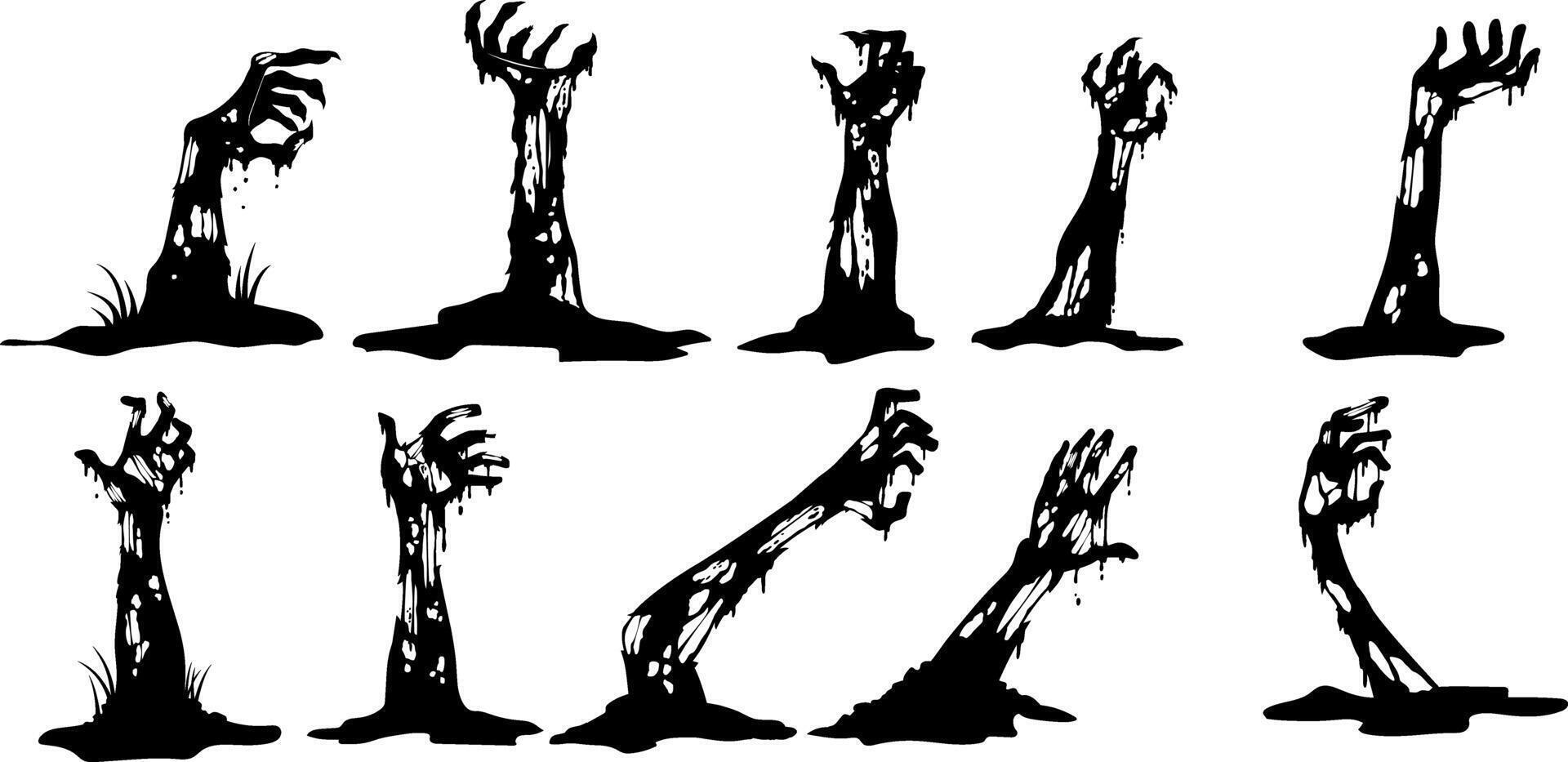 Halloween Zombie Hands Black Silhouettes. Hand Drawn Collection Set vector