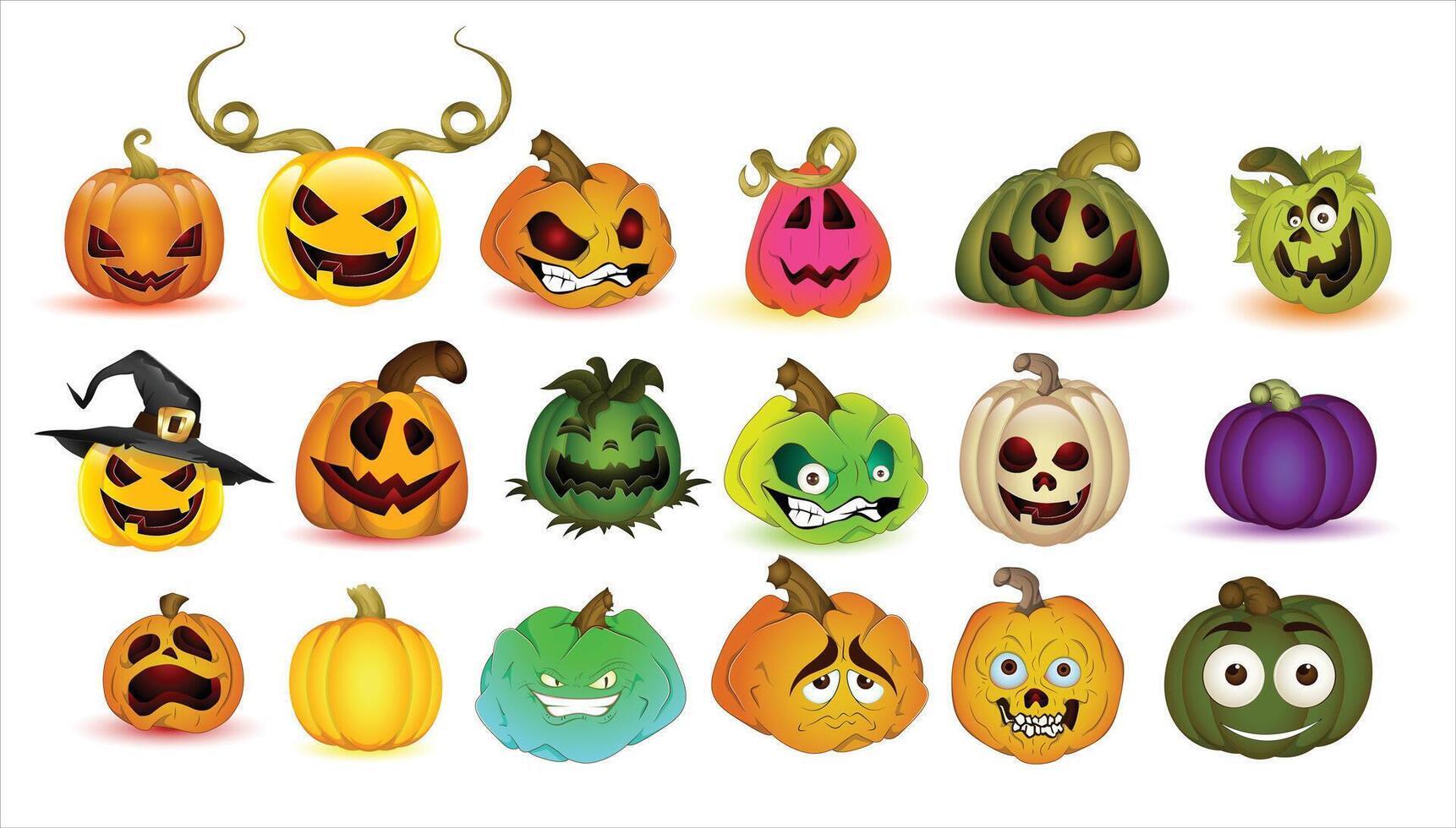 Collection of 16 jack-o'-lanterns with different expressions, colors, and accessories vector