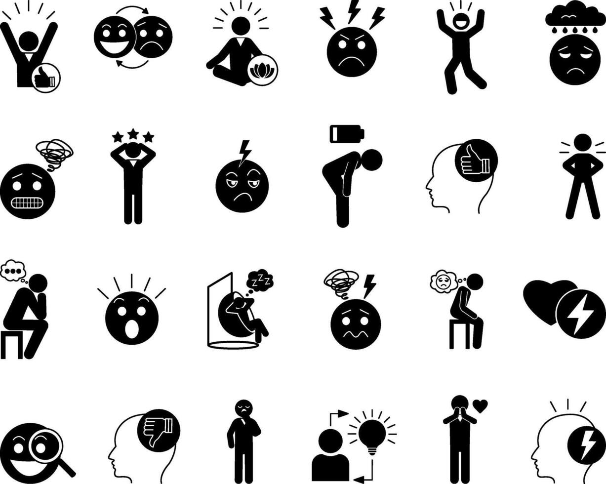 Black Set of Mood Icons. Icons of Sad, Excited, Joyful, Angry Anxious, Pensive, Surprised, Tired, Jealous, Optimistic, Confident, and Others vector