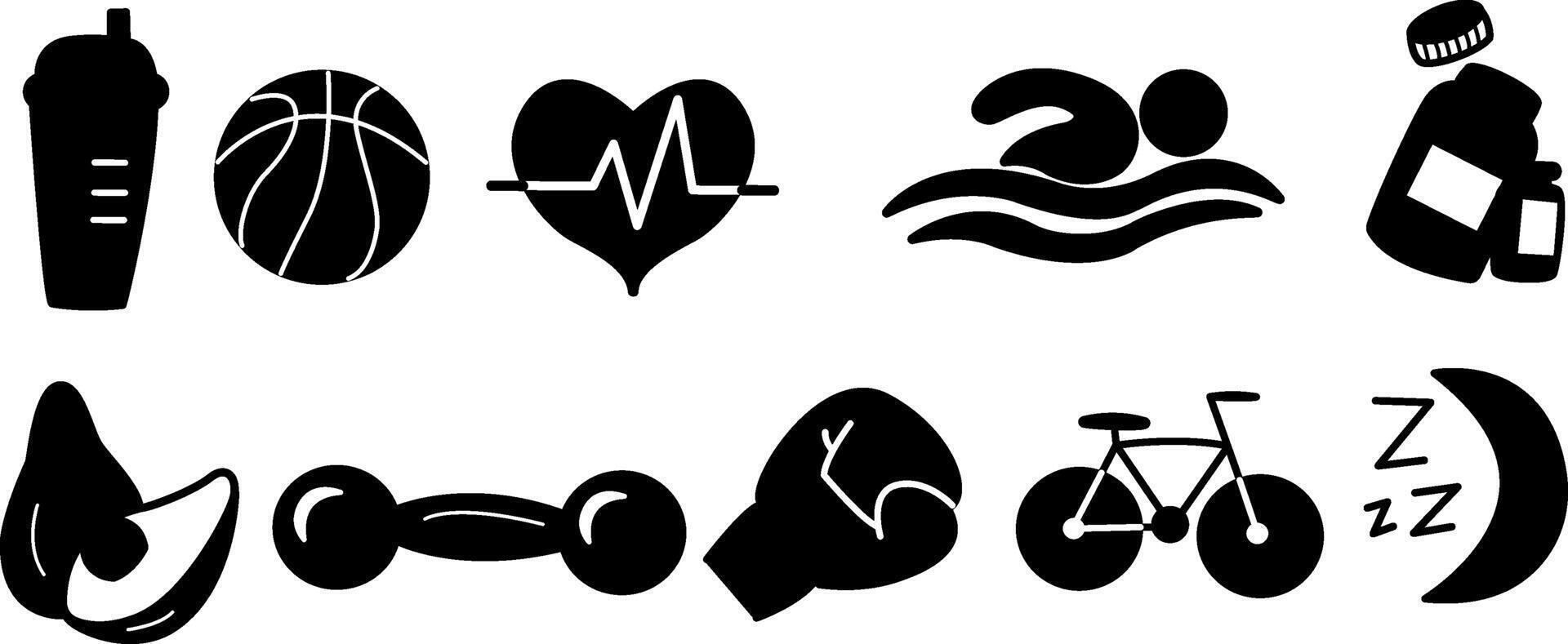 Set of Black Sports Icons. Illustration Icons of Pulsating Heart, Water Cup, Dumbbell, Medicine Bottle, Swimming, Boxing Glove, Bicycle, Sleep Icon, Avocado vector
