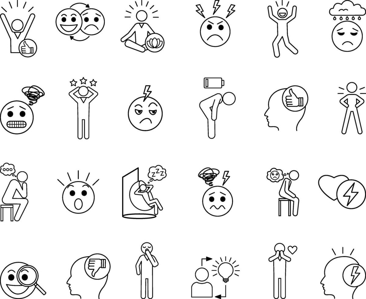 Set of Mood Icons. Icons of Sad, Excited, Joyful, Angry Anxious, Pensive, Surprised, Tired, Jealous, Optimistic, Confident, and Others vector