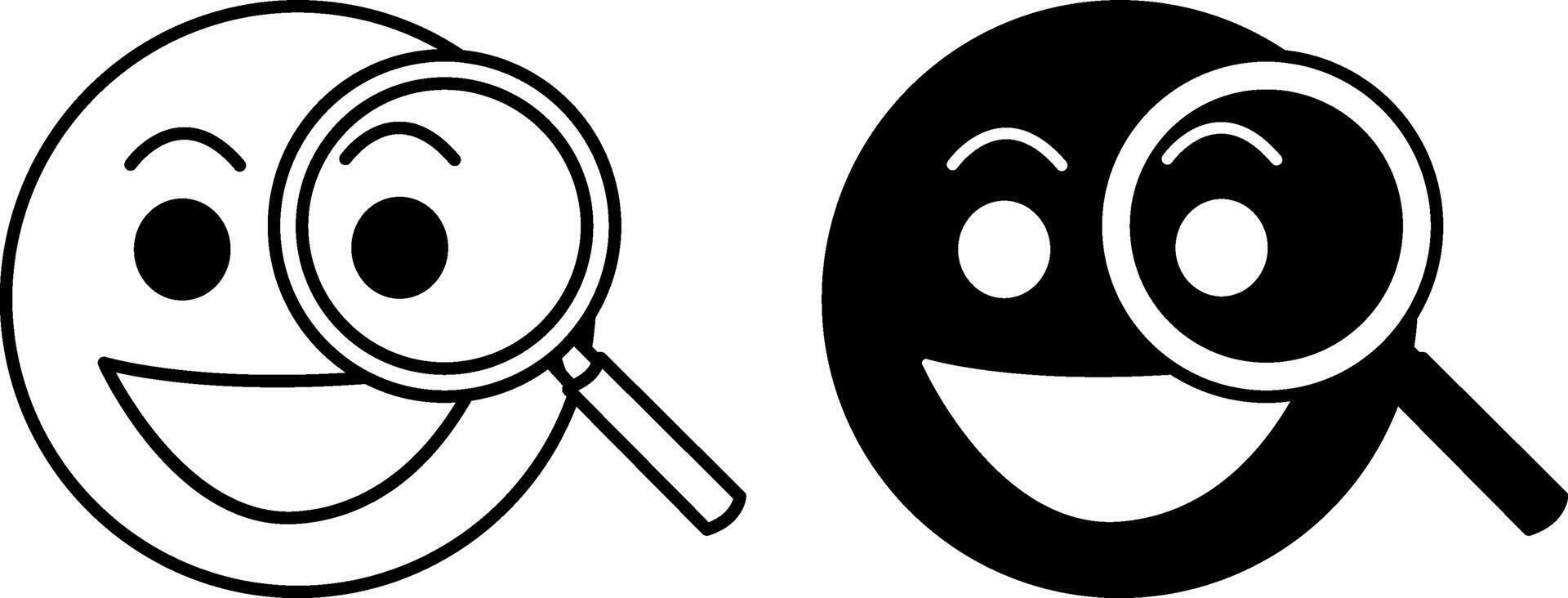 Curious icons. Black and White Icons. Smiling Face and Magnifying Glass. Emotions, Mental Health. Mood Concept vector
