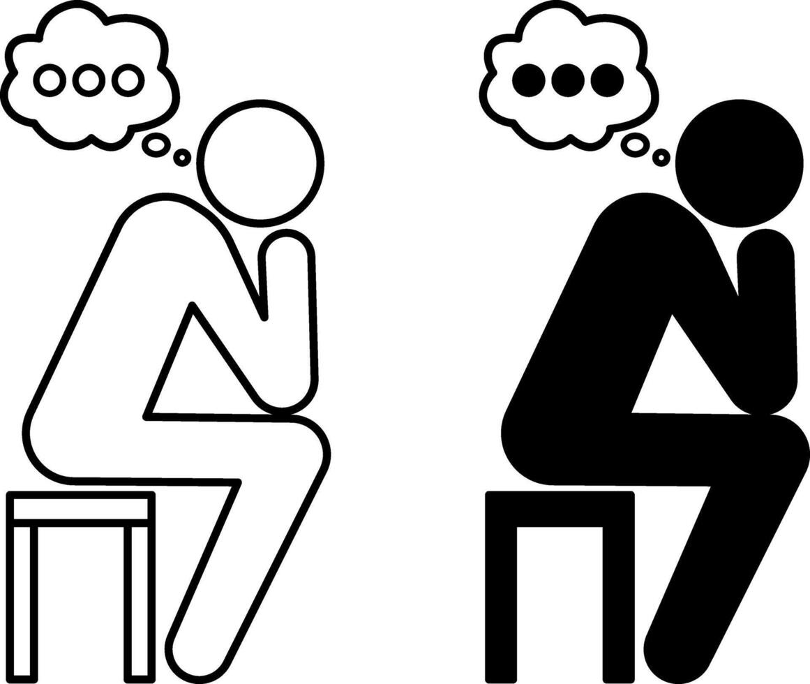 Pensive icons. Black and White Icons. Seated Man Thoughtfully Props His Hand. Mental Health. Mood Concept vector