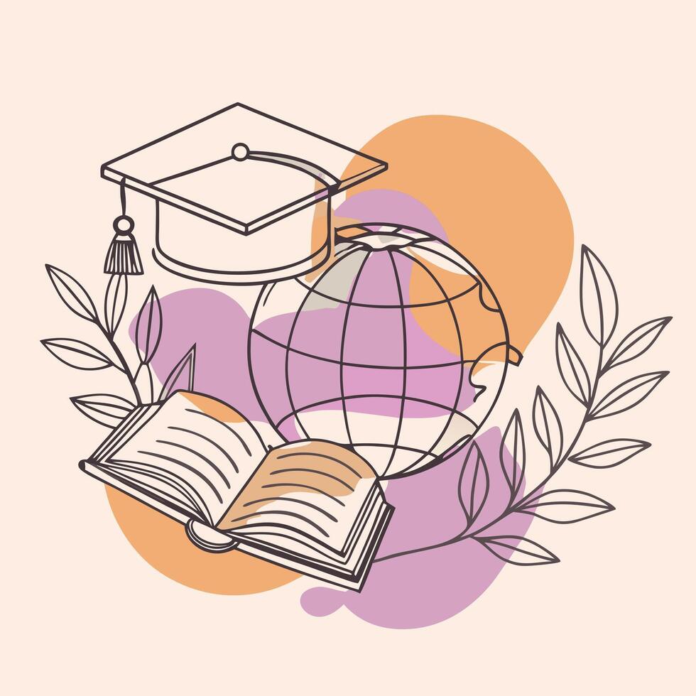 An illustration of an open book, a globe and a graduation cap vector
