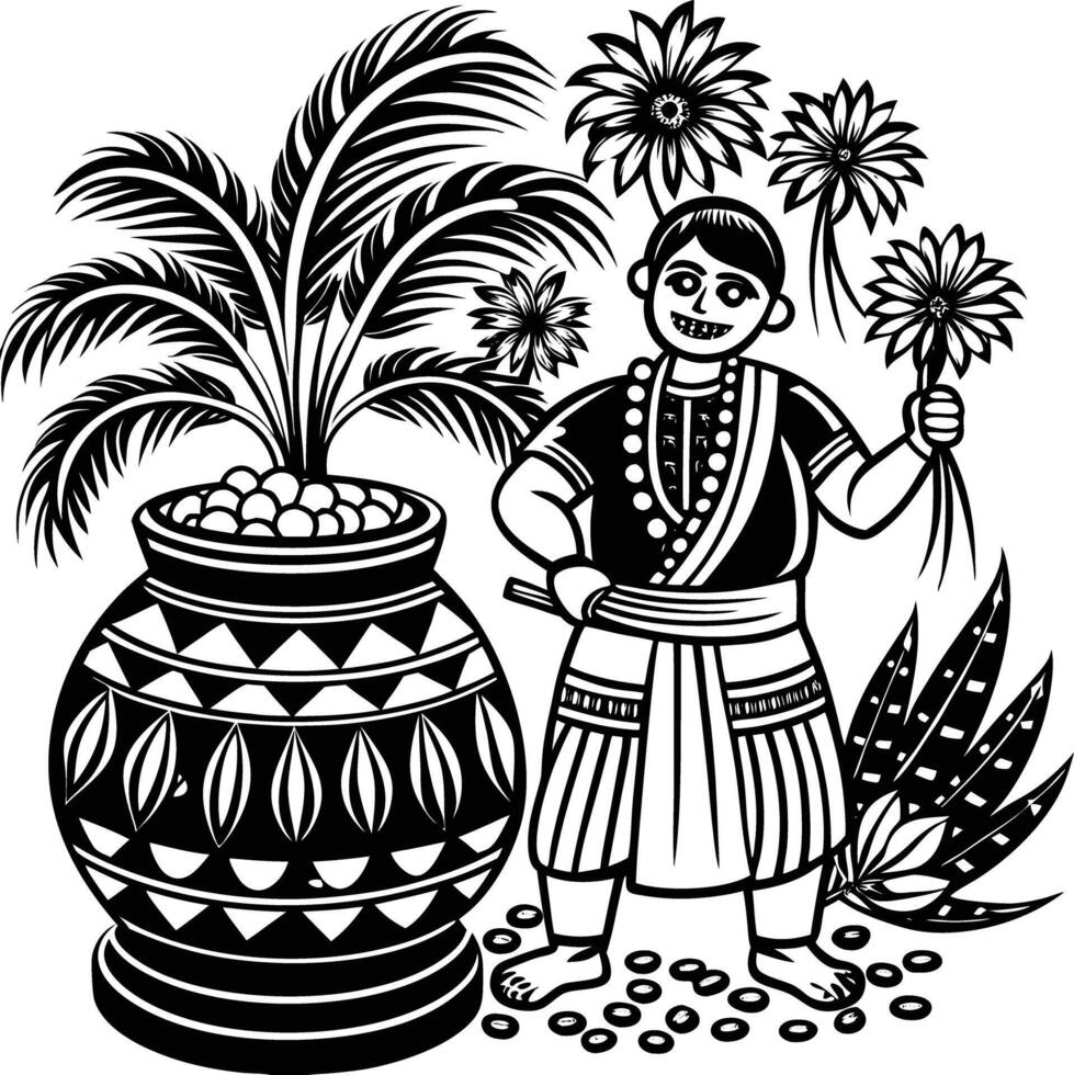 A black and white drawing of a man with a pot and plants vector