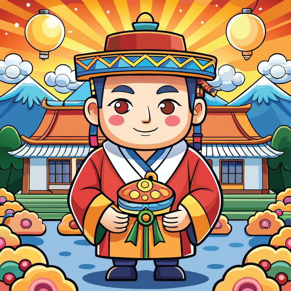 A cartoon chinese man holding a cake vector