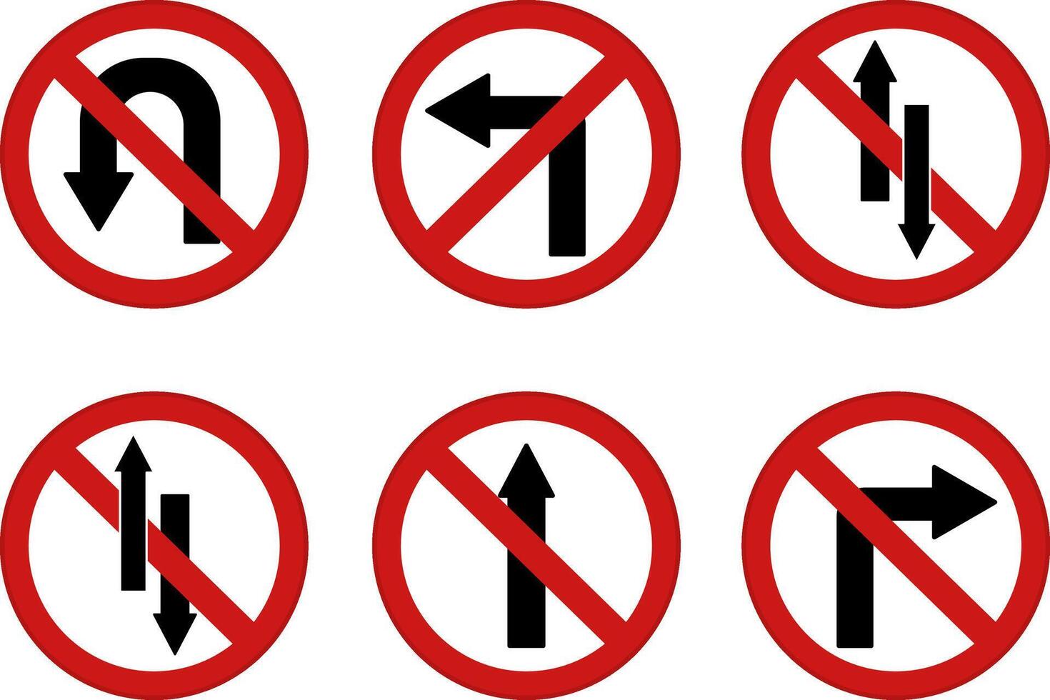 Red Arrows Showing Road Traffic. Prohibitory Road Signs. Icons. No U-Turn, No Left and Right Turns, One-Way Traffic, and No Entry vector