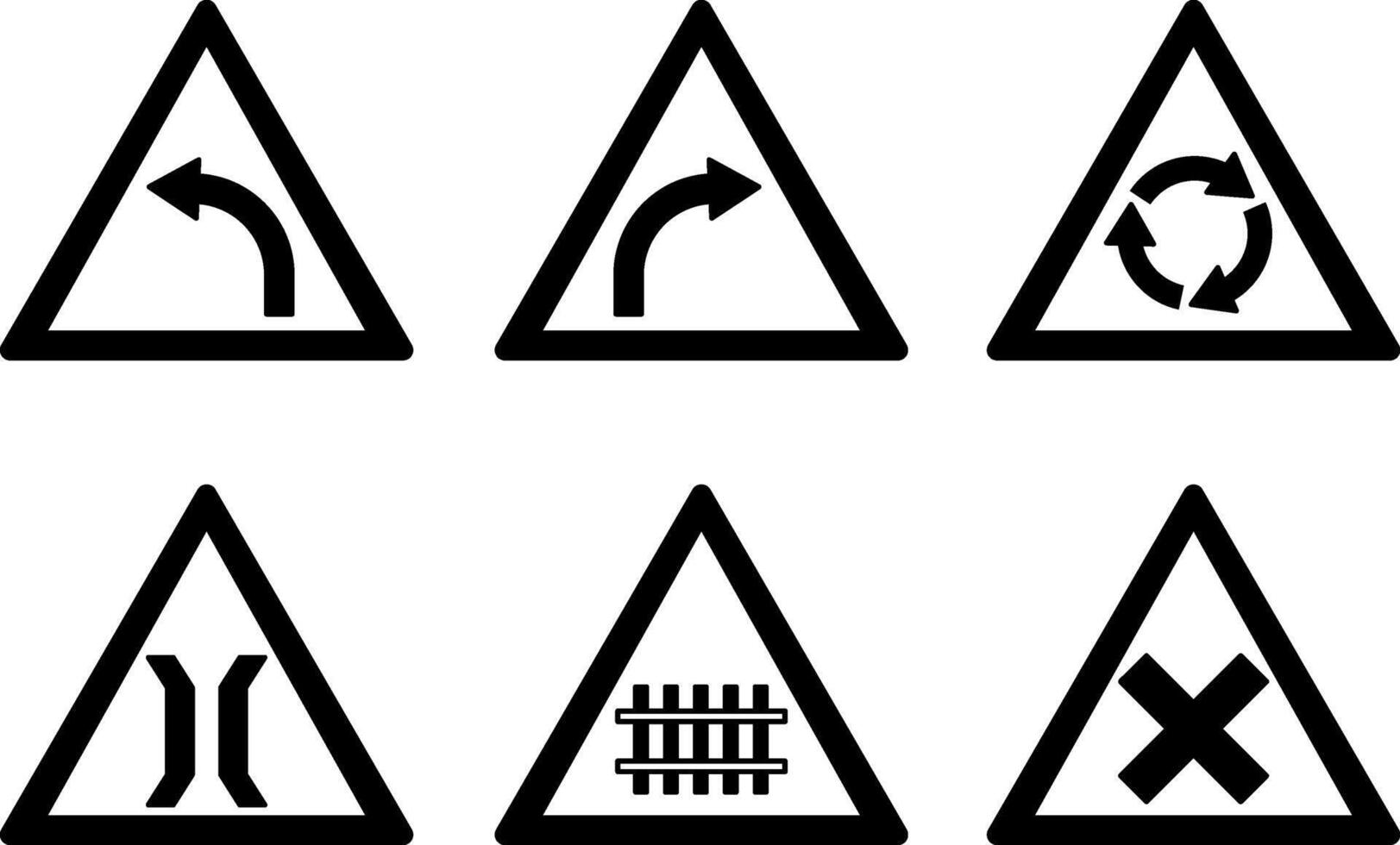 Prohibitory Triangle Road Signs. Left and Right Turn, Roundabout, Bridge Ahead, Railway and Intersection vector
