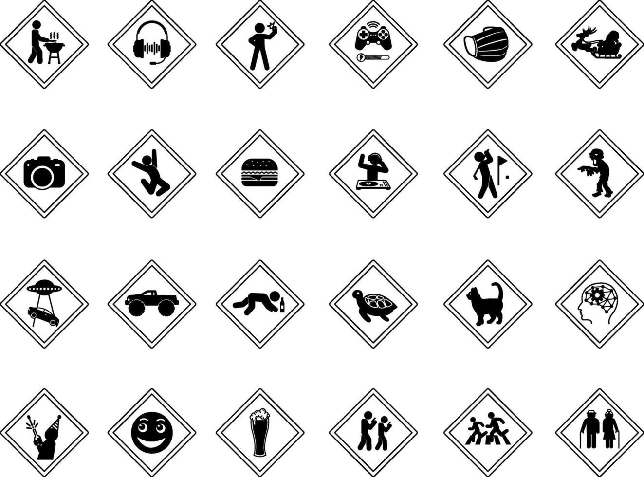Humorous Road Signs. Diamond Shaped Icons. BBQ, Music, Selfie, Gamer, Photographer, Burger, Golfer. DJ at Work, Beware of Zombies, No Parking and More vector