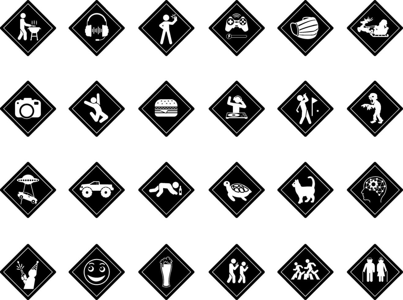 Black Humorous Road Signs. Diamond Shaped Icons. BBQ, Music, Selfie, Gamer, Photographer, Burger, Golfer Zone. DJ at Work, Beware of Zombies, No Parking and More vector
