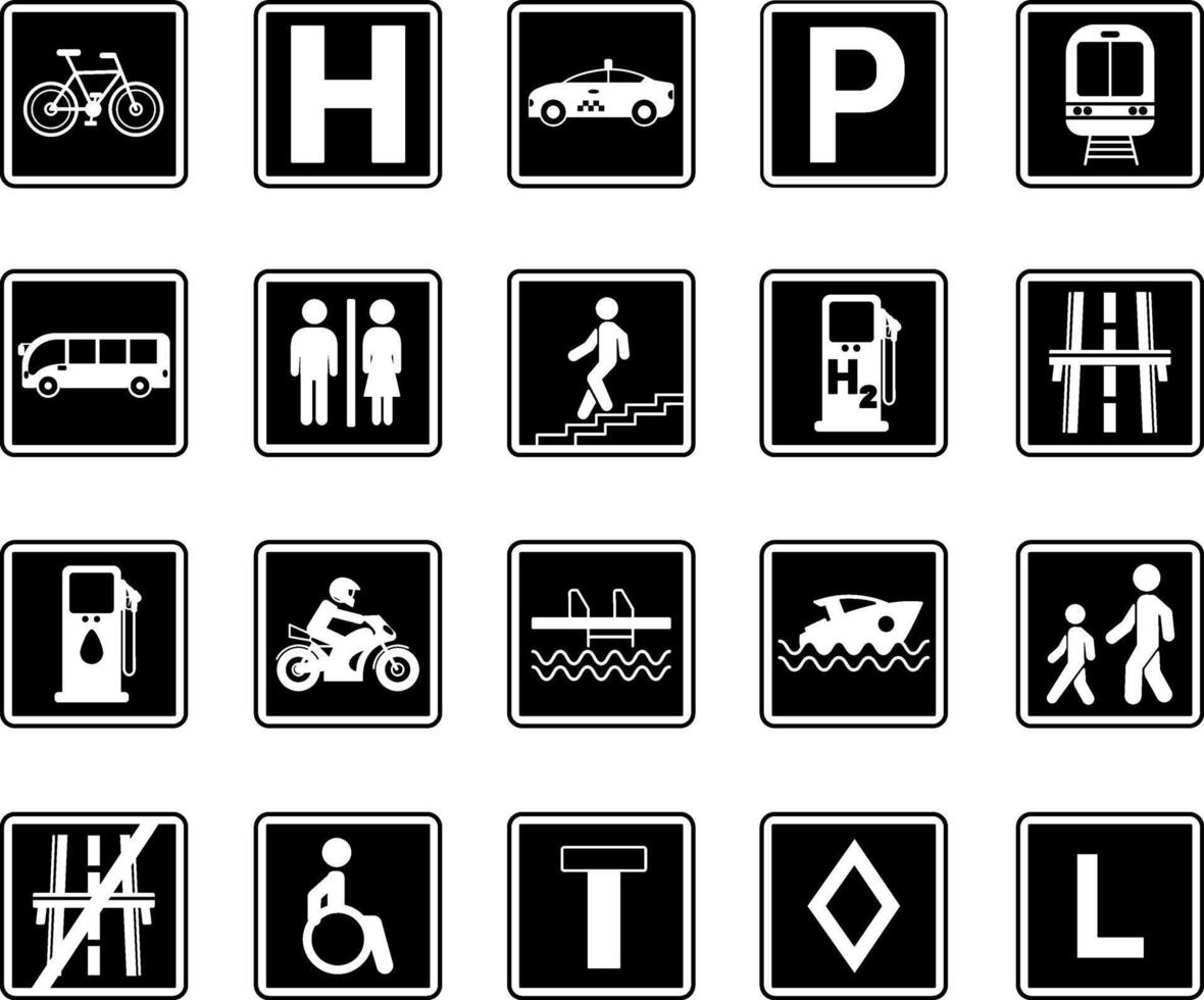 Black Square Road Signs. Parking, Train Station, Hospital, Toilet, Bus Stop, Subway, Pool, Pier, Disabled Parking, and More vector