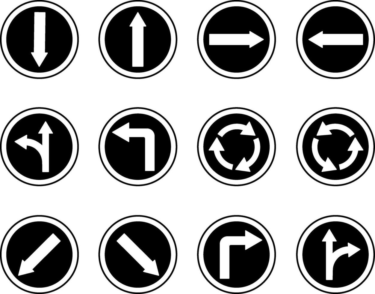 Black Road Traffic Arrows. Round Signs. Back, Forward, Right and Left Arrows. Straight or Right, Straight or Left. Roundabout. Keep Left or Right vector