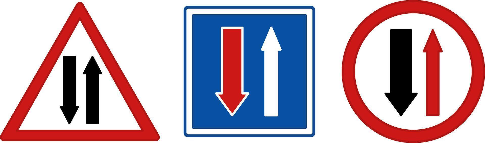 Red and Blue Two-Way Traffic Signs. Two-Way Traffic Ahead. Give Way to Oncoming Traffic. Priority Over Oncoming Vehicle vector