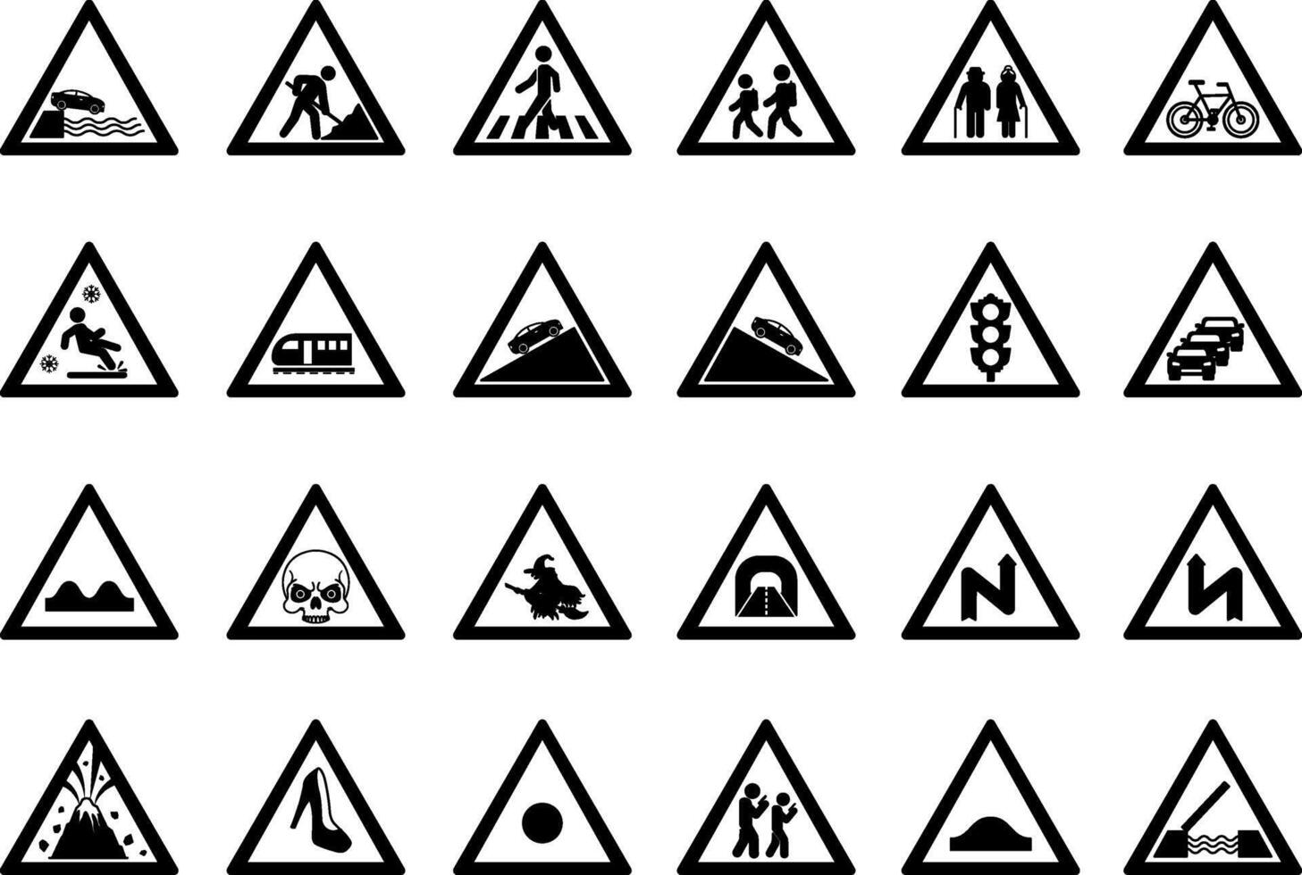 Road Signs. Humorous Stickers. Embankment Exit, Road Works, Pedestrian Crossing, School Crossing. Parking, Traffic Jam, Traffic Light, Train, Zombie, Witch Road, and More vector
