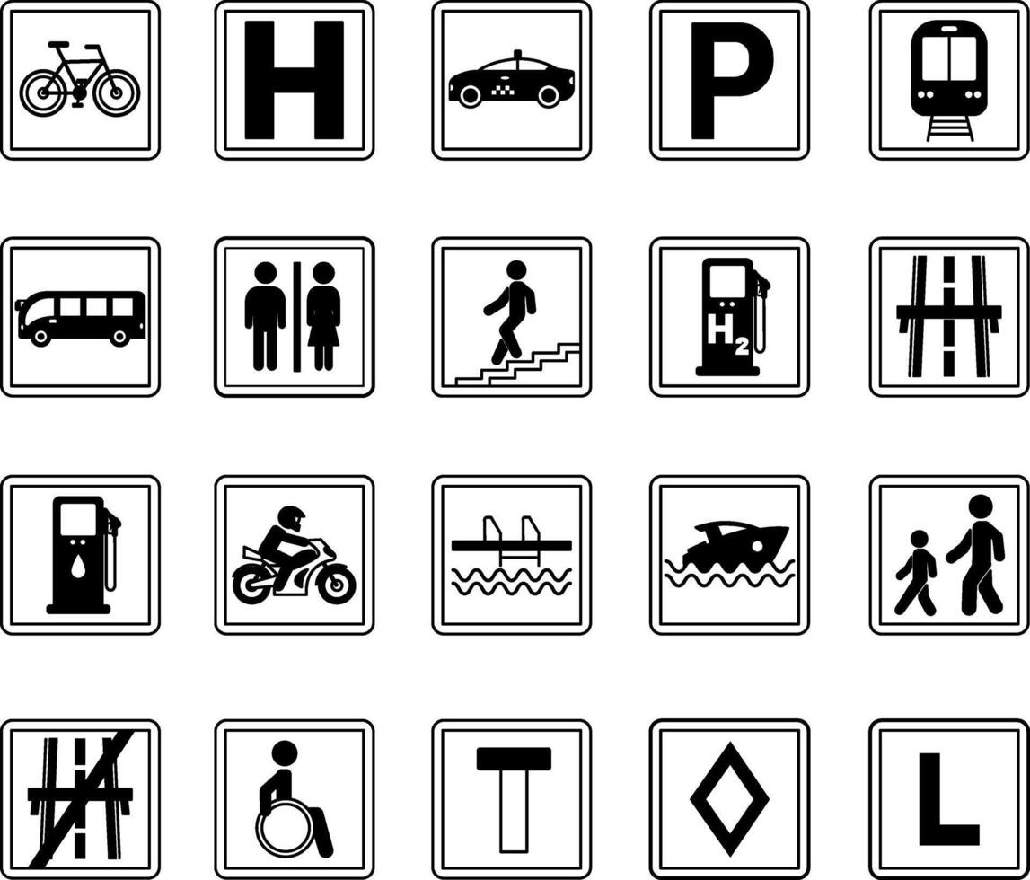 Square Road Signs. Parking, Train Station, Hospital, Toilet, Bus Stop, Subway, Pool, Pier, Disabled Parking, and More vector