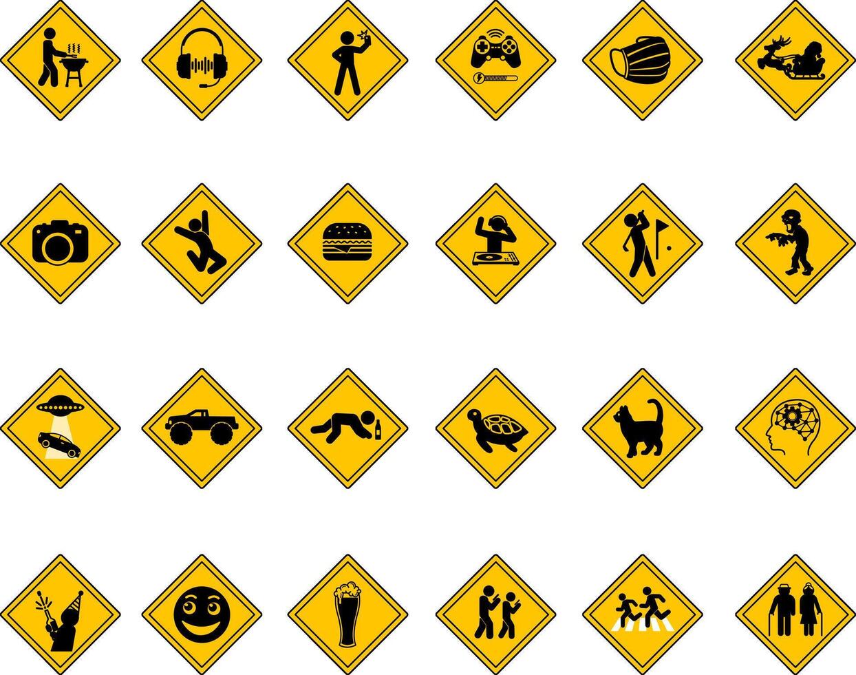 Yellow Humorous Road Signs. Diamond Shaped Icons. BBQ, Music, Selfie, Gamer, Photographer, Burger, Golfer. DJ at Work, Beware of Zombies, No Parking and More vector