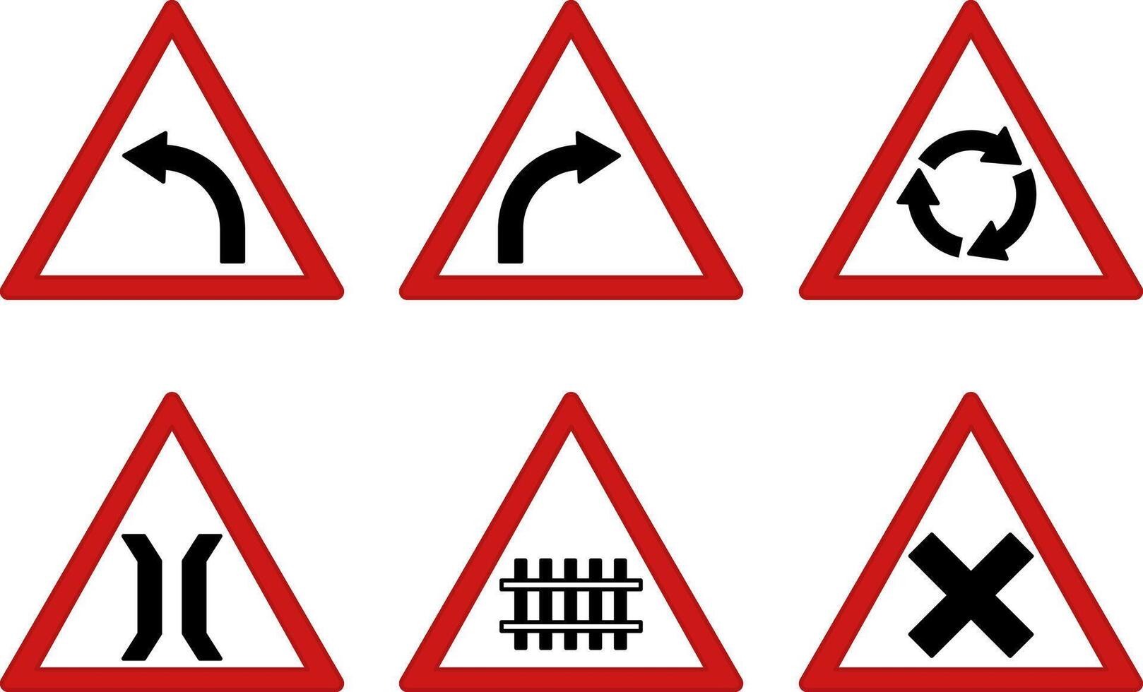 Red Prohibitory Triangle Road Signs. Left and Right Turn, Roundabout, Bridge Ahead, Railway and Intersection vector