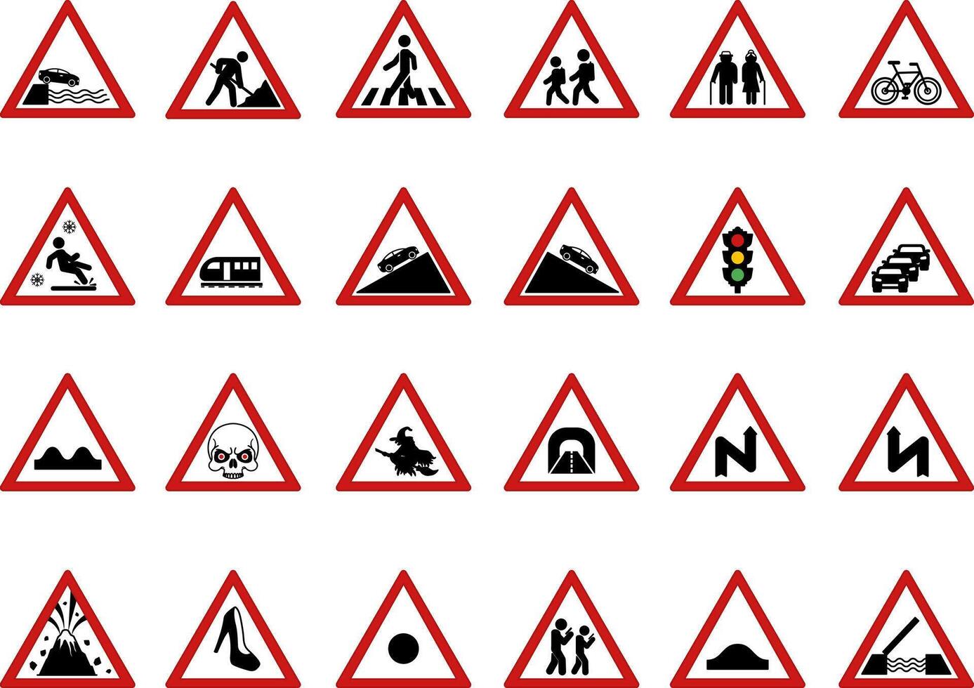 Red Triangular Road Signs. Humorous Stickers. Embankment Exit, Road Works, Pedestrian Crossing, School Crossing. Parking, Traffic Jam, Traffic Light, Train, Zombie, Witch Road, and More vector