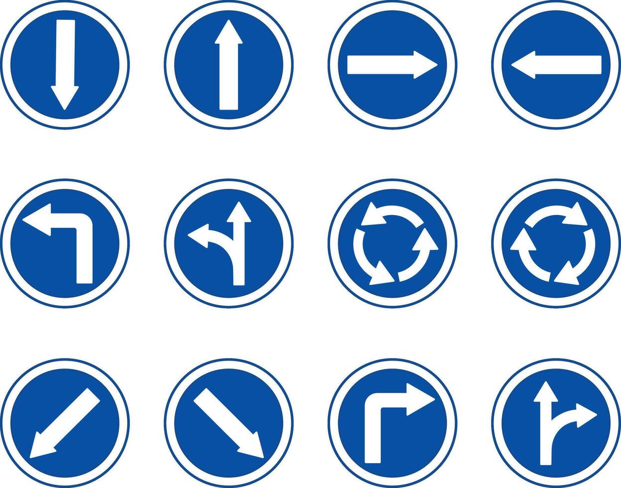 Blue Arrows Showing Traffic. Round Signs. Back, Forward, Right and Left Arrows. Straight or Right, Straight or Left. Roundabout. Keep Left or Right vector
