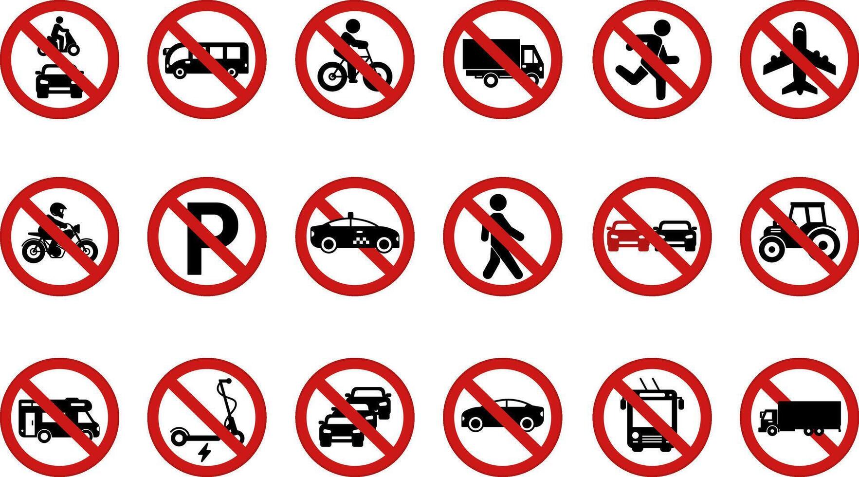 Red Prohibitory Round Road Signs. Icons. No Traffic Jams, Trucks, Trolleybuses, Motorcycles, Buses, Bicycles, Pedestrians, Taxis, and More vector