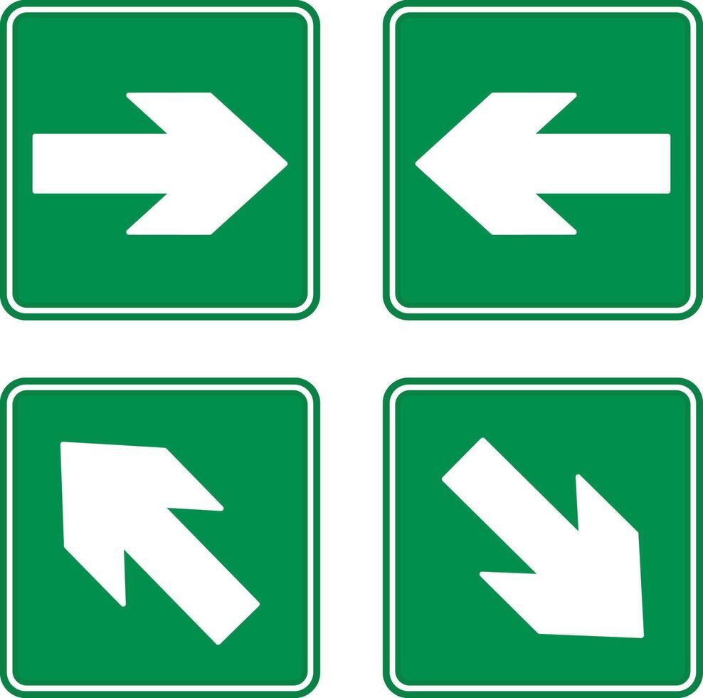 Green Emergency Exit Arrows. Right, Left, Up, and Down Arrows. Sign Shows Evacuation Direction vector