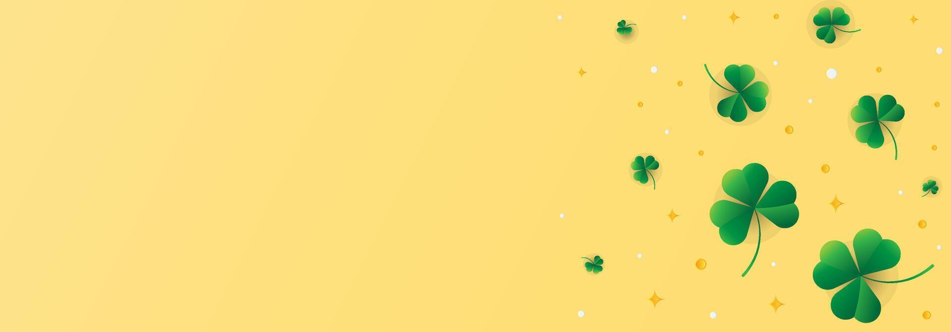 saint patricks day banner template with three leaf clover shamrock with gold coins and stars in yellow and gold background for flyers, backgrounds, posters, events vector