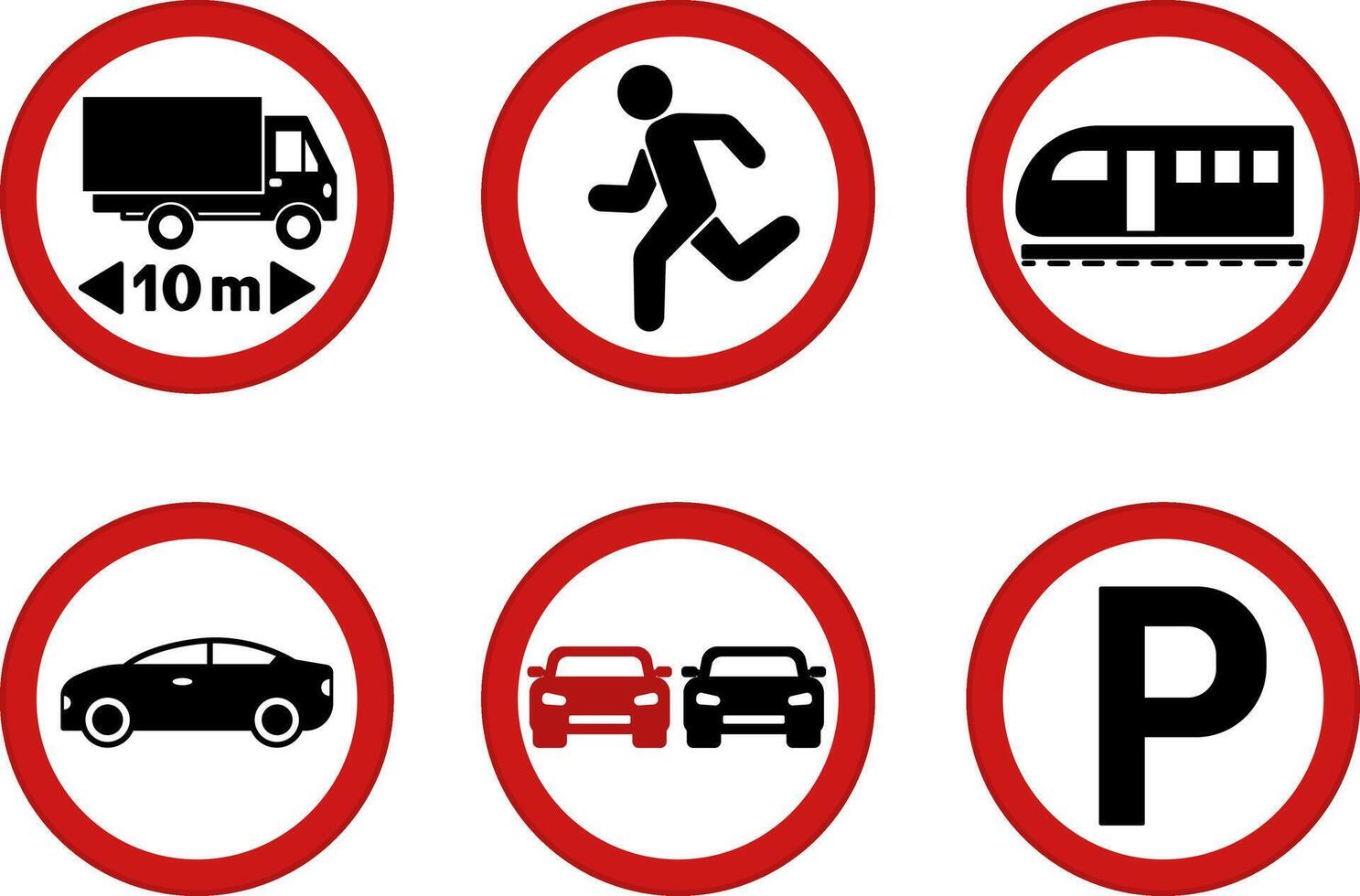 Red Prohibitory Road Signs. Length Limit and Railway Crossing. No Parking, Overtaking, Movement of Cars, Stopping vector