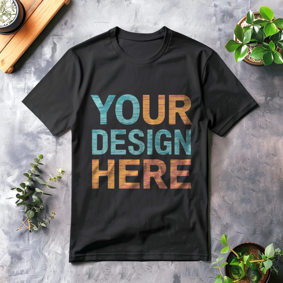 Front view black round neck tshirt mockup on floor background psd