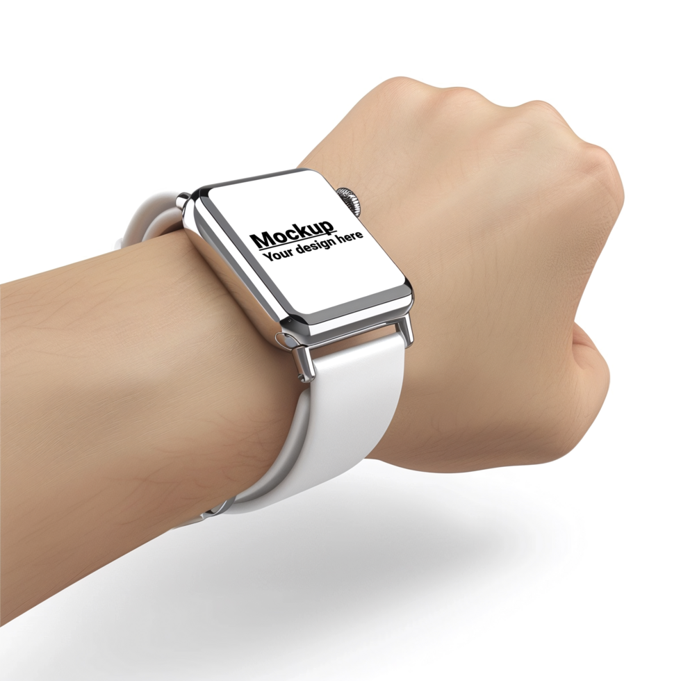 Mockup of white smart watch with square display on white background psd