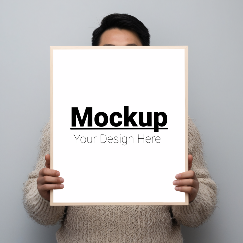 Man holding up a blank poster mockup psd