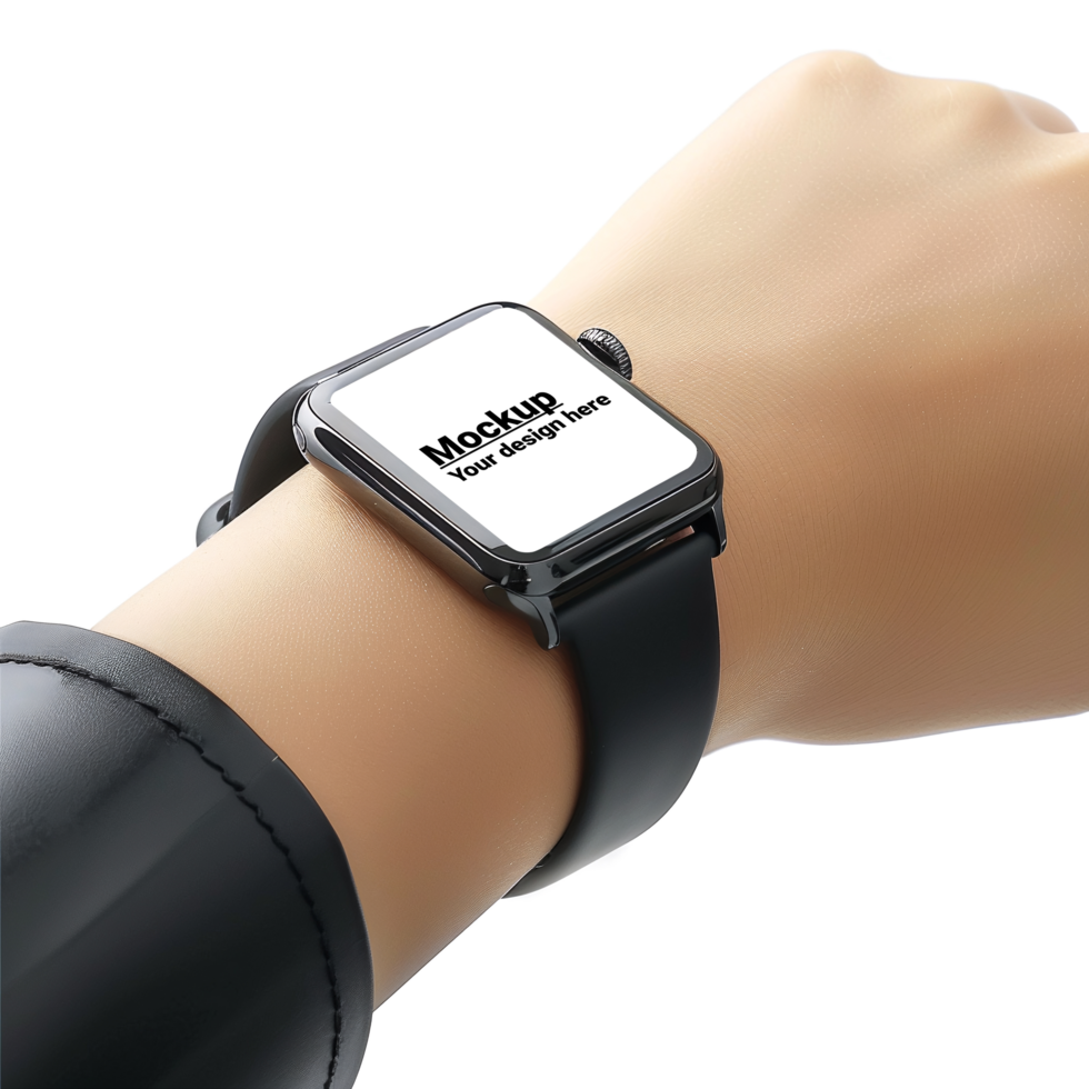 Mockup of black smart watch with square display on hand on white background psd