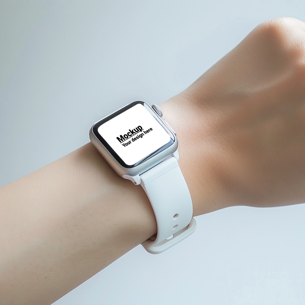 Mockup of white smartwatch on hand on gray background psd