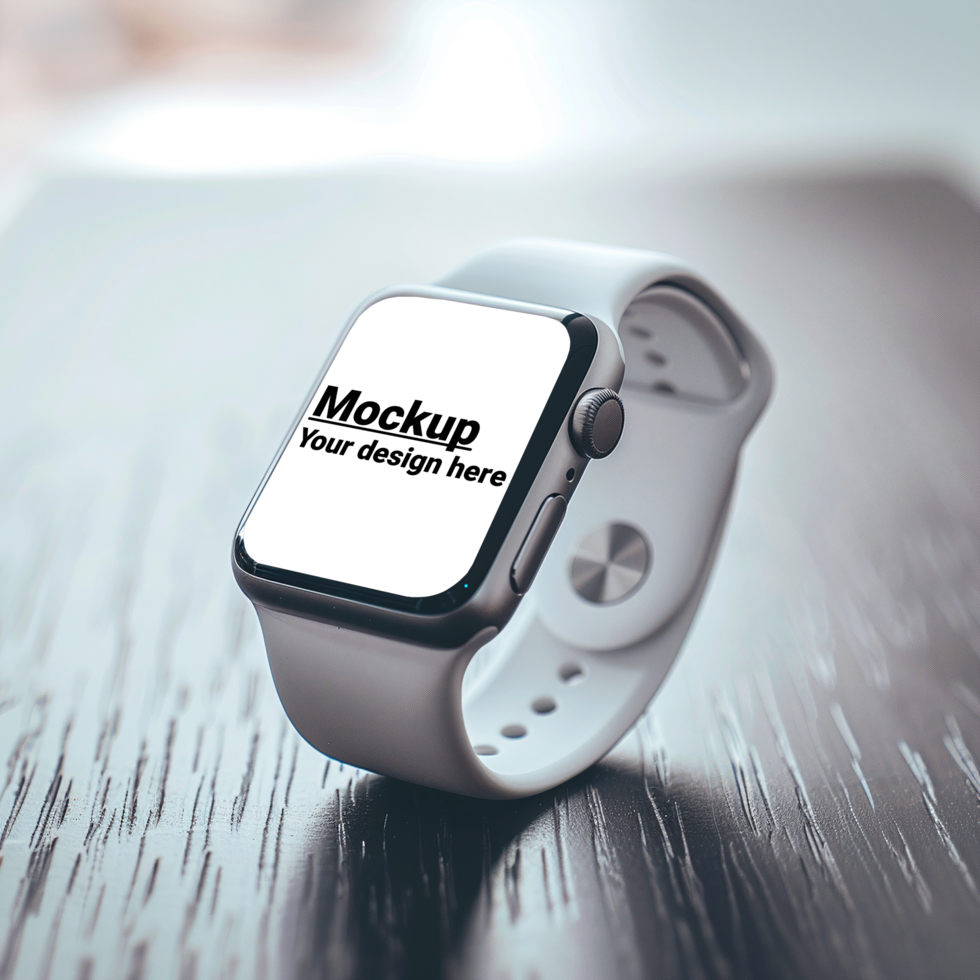 Mockup of a white smart watch on a table background psd
