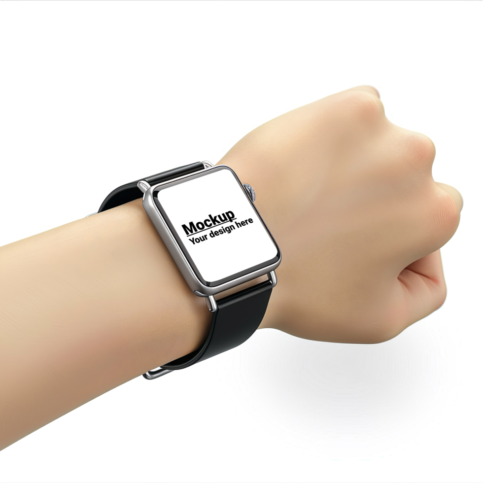 Layout of black smartwatch with square display on hand on white background psd
