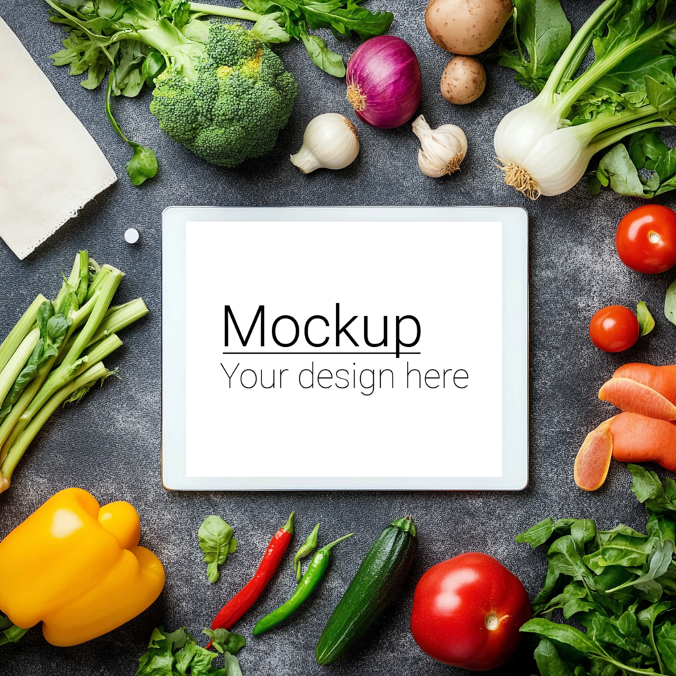 Tablet with mockup of vegetables and fruits on a dark background psd