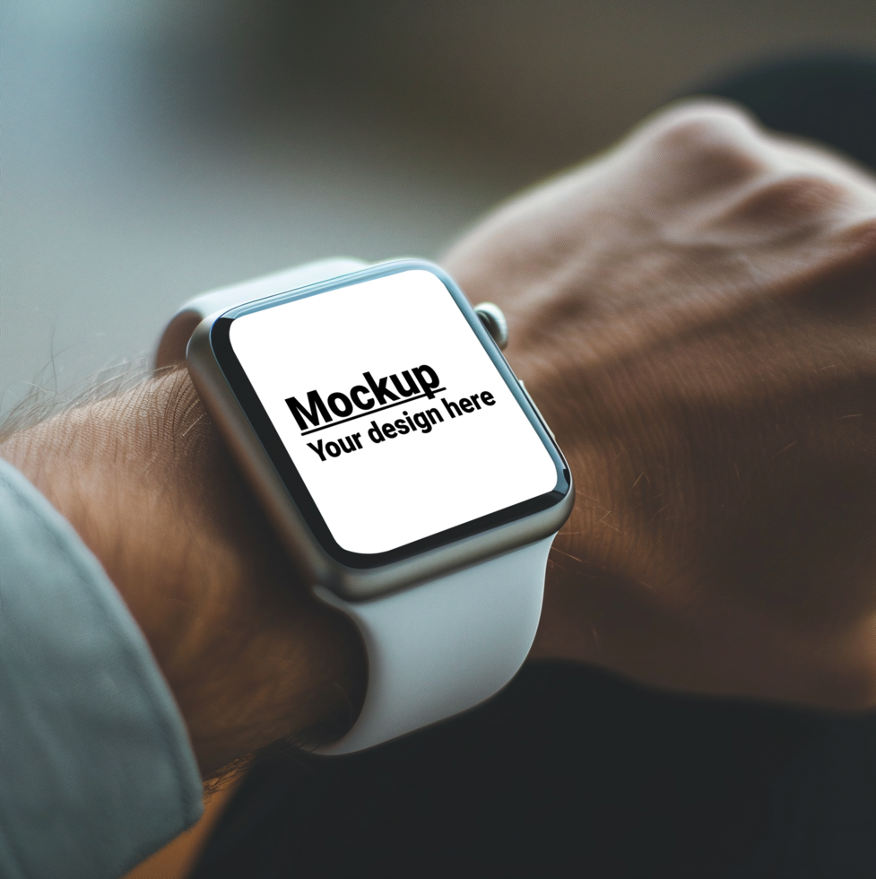 Mockup of a white smartwatch on a hand on a table background psd