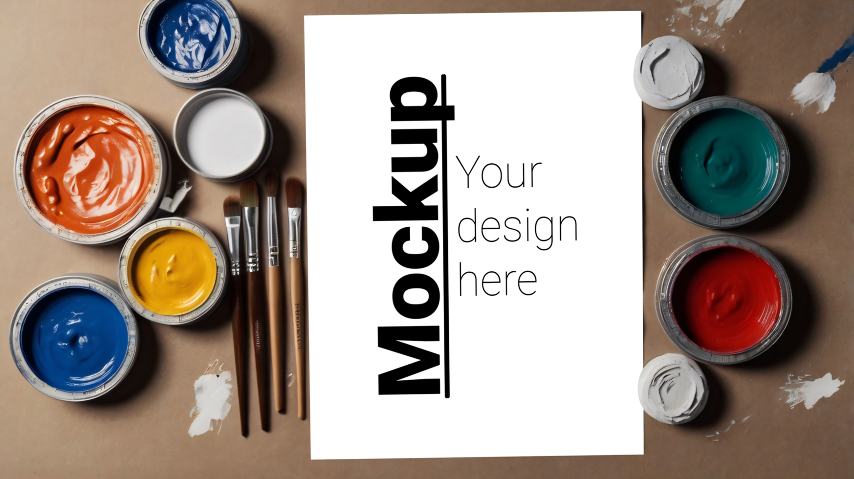 Paint brushes and paint on a table mockup psd