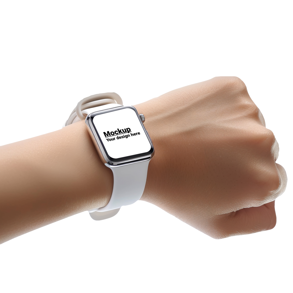 Mockup of a white smartwatch on a hand without background psd