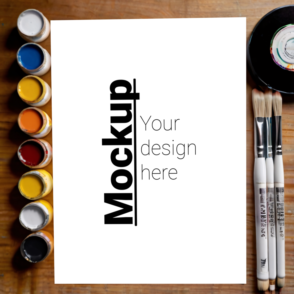 Layout of an A4 sheet on a creative table with brushes and paints psd