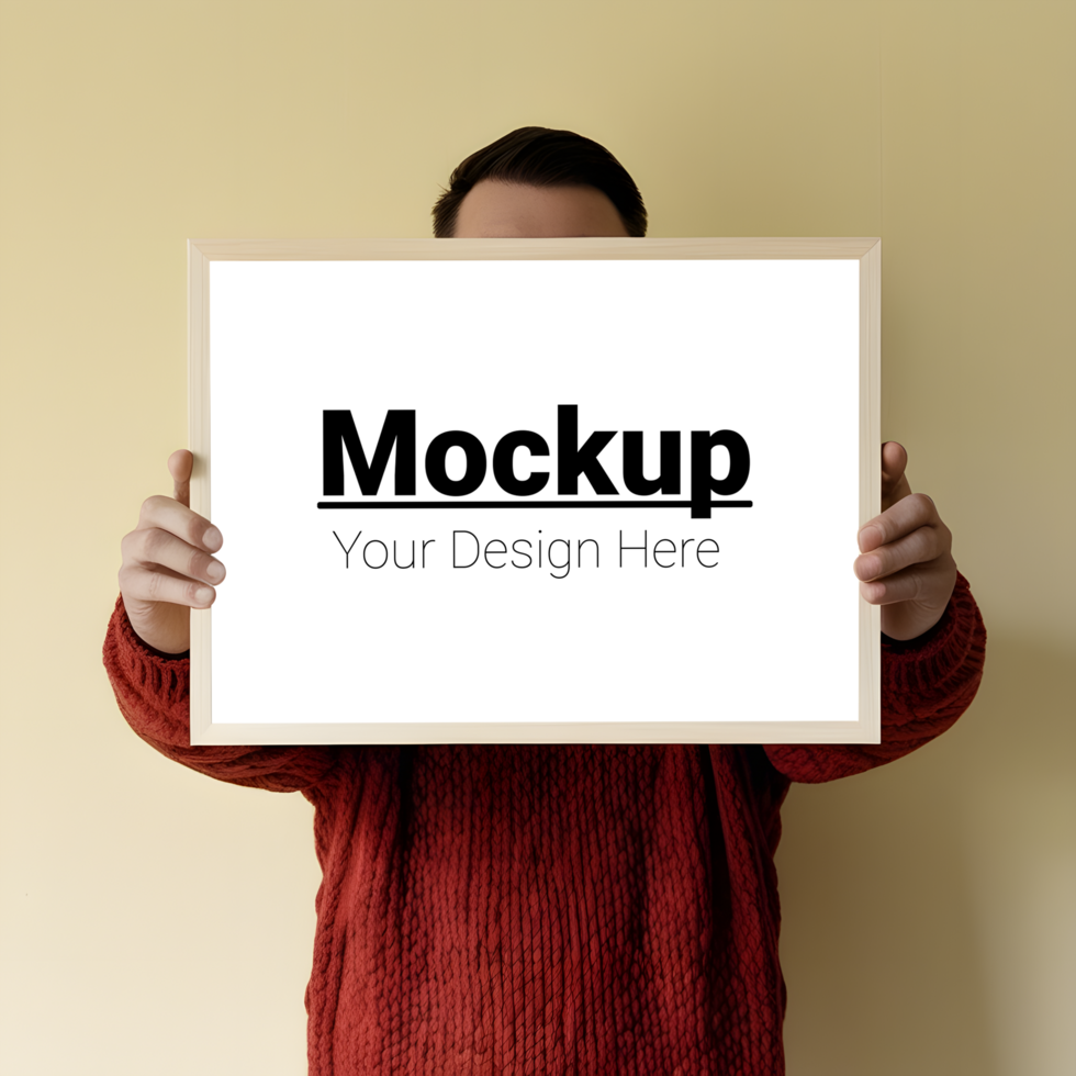 Man holding up a blank poster mockup psd