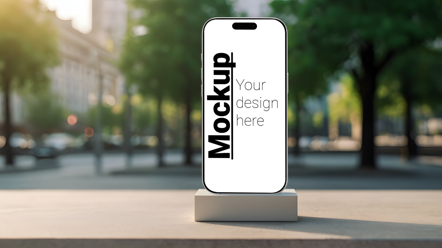 A mockup of a phone against a blurry park backdrop psd