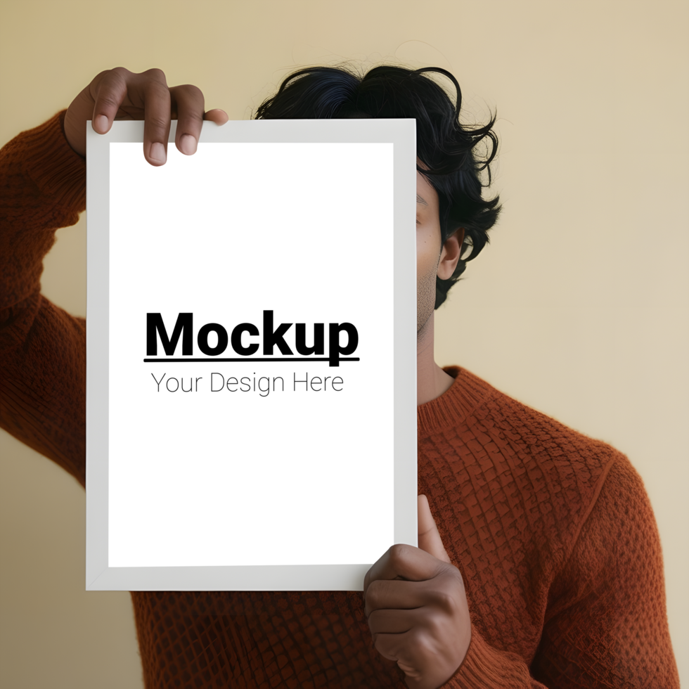 Man holding up a blank poster mockup psd